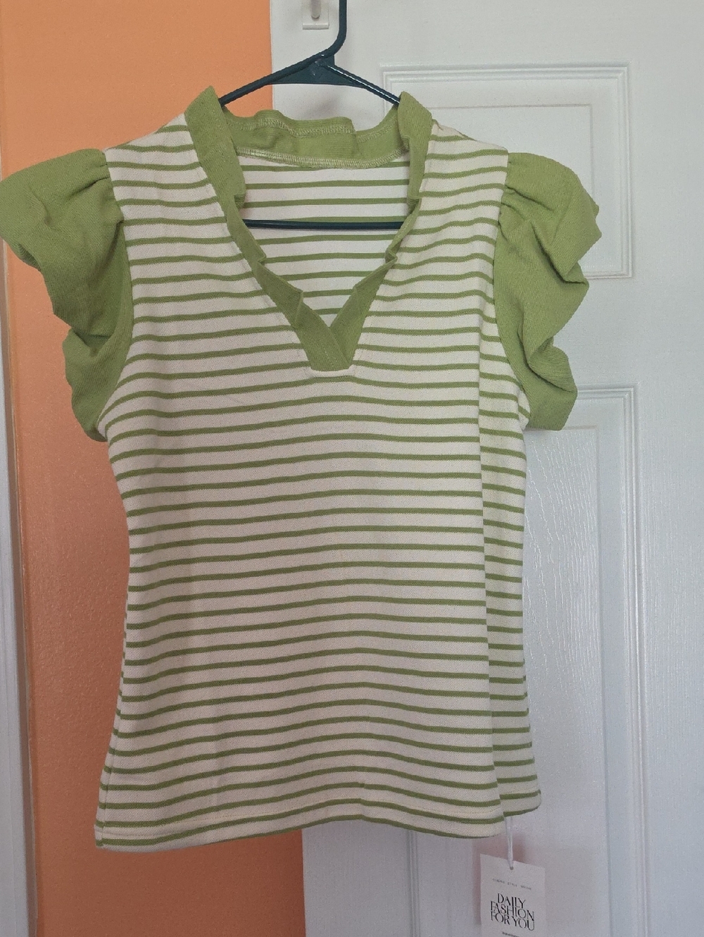 Striped V-Neck Puff Sleeve Top in Light Green and Cream